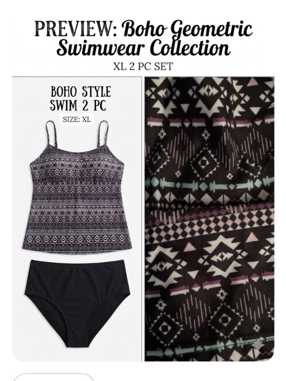 Black High-Waist Tankini with PatternedTop boho look xl new black pink green